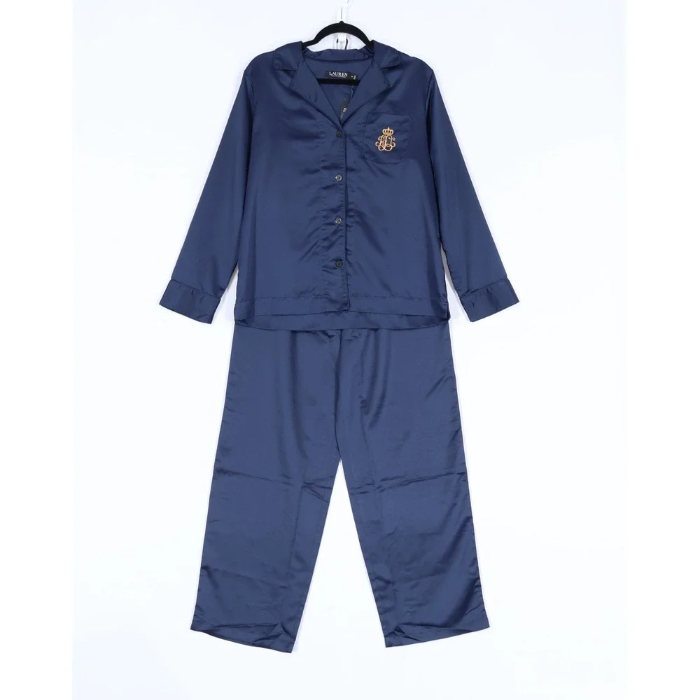 LRL Ralph Lauren Pajama Set Women M Blue Satin Embroidered $84 Holiday Gift NWT
